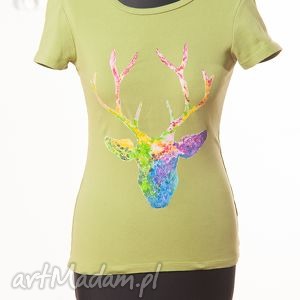 handmade bluzki malowana zielona koszulka kolorowy jeleń wiosenny - krótki