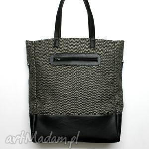 na ramię shopper bag - tkanina w jodełkę i skóra czarna, elegancka, nowoczesna