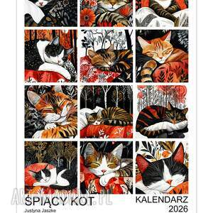 justyna jaszke kalendarz 2026 śpiący kot 15x21 cm kociarzy prezent