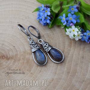 kolczyki z labradorytami, wire wrapping, stal chirurgiczna