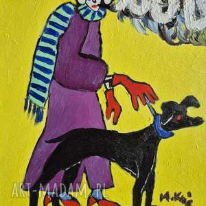 obraz do salonu babcia z pieskiem dymek papierosa, obrazy olejne, karykatura