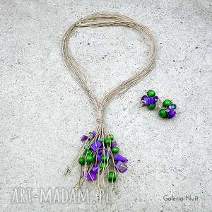 fiolet i zieleń - komplet biżuterii, eko lekki kolory, naturalny etno