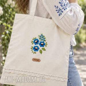 Bawełniana torba na zakupy z haftem śląskim handmade