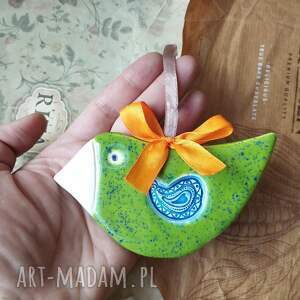 handmade ceramika ptaszek zielony nakrapiany