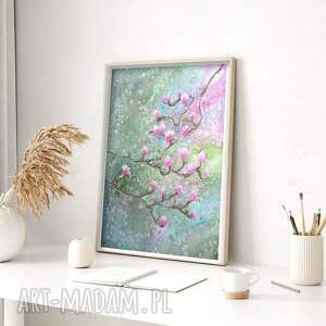oryginalna akwarela A3 magnolia ilustracja, kwiat plakaty
