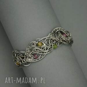 handmade szeroka bransoleta kolorowy turmalin wire wrapping bransoletka unikatowa