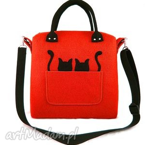 na ramię chest red black cats/strap, filc, torebka, kotki kot, codzienna