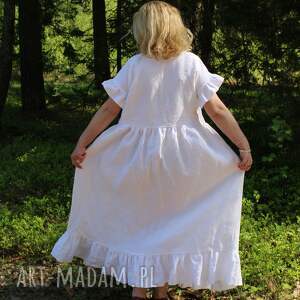 biała sukienka lniana z falbanami 100 len na lato, lnu boho
