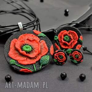 komplet biżuterii czerwone maki kolczyki sztyfty, naszyjnik i sznurkowa
