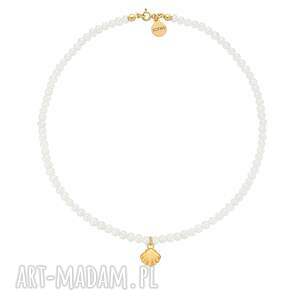Złoty naszyjnik z pereł naturalnych z muszelką, kolczyki, sztyfty