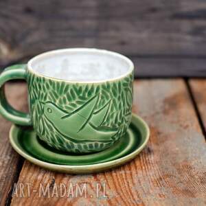 handmade filiżanka ceramiczna z ptakami kocham leśne zieleń 300 ml