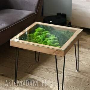 stolik z mchem i świetlikami led 50x50 cm szkło hartowane, las w szkle meble
