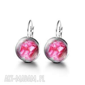 kolczyki - różowa pelargonia kwiaty, szklane, romantyczne, prezent