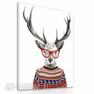 obraz drukowany na płótnie - jeleń w czerwonych okularach i świątecznym swetrze