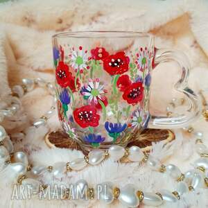 ręcznie malowana szklanka maki chabry i stokrotki, kwiaty na szkle prezent
