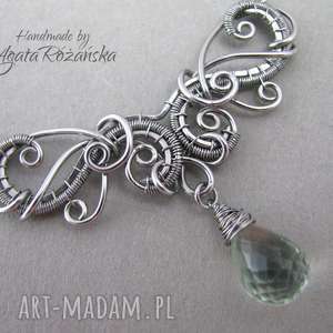 handmade naszyjniki naszyjnik z zielonym ametystem, wire wrapping, stal chirurgiczna