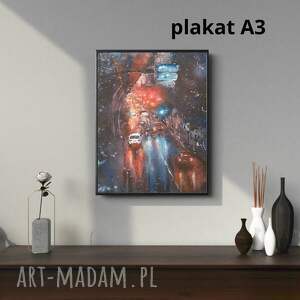 Nocne miasto w deszczu - plakat akwarelowy A3