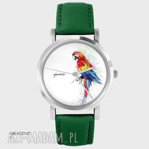 handmade zegarki zegarek - czerwona papuga - skórzany, zielony