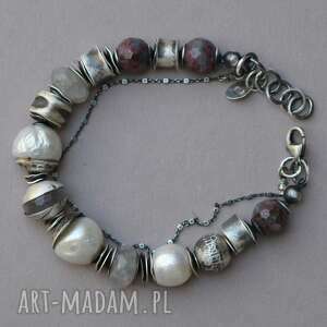 kissa anna srebrna bransoletka z perłami typu barok szarym kwarcem i rubinem