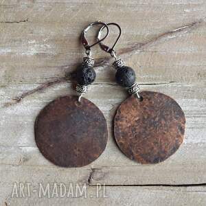 kolczyki z kutej, oksydowanej miedzi i lawy wulkanicznej /1/, biżuteria