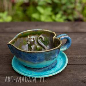 handmade ceramika filiżanka z kotem - niebieski turkus olive - serce - rękodzieło - 270