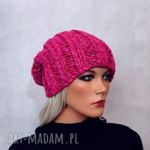 czapka handmade w kolorze róż - fuksja, pomysł na prezent, włóczka wełniana