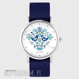 zegarek yenoo - ptaszki folkowe, niebieskie granatowy, nato, pasek prezent