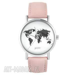 zegarek - mapa świata 2 pudrowy róż, skórzany, zegarek, pasek