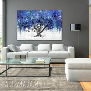 obraz do salonu drukowany na płótnie z drzewem w odcieniach niebieskiego 02612