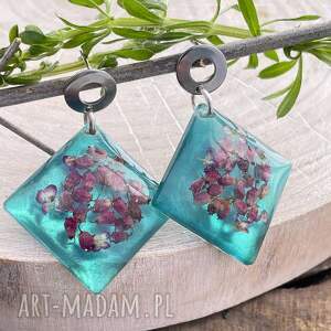 Kwadratowe kolczyki z suszonymi wrzosami k498, kwiatami