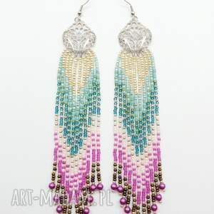 długie kolczyki boho ombre - kaskada kolorów koralikow