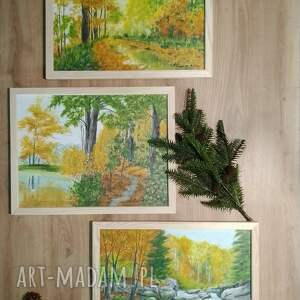 zestaw ręcznie malowanych obrazów z ramami - tryptyk jesienny polski pejzaż 3x
