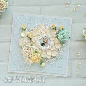 handmade scrapbooking kartki kartka na ślub, miętowo - brzoskwiniowa