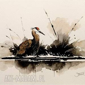 zaciszny zakątek, akwarela 24x32 cm, żuraw, zwierzęta żurawie, ptaki