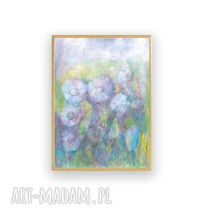 annasko oprawiony obrazek z łąką, rysunek kwiatami, pastelowy w ramce