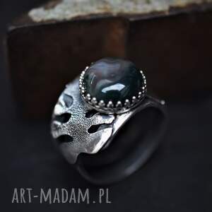 srebrny pierścień z agatem mszystym i monsterą, srebro oksydowane