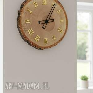 wyjątkowy zegar ścienny z litego drewna sosnowego - grubość 3 cm, zloty
