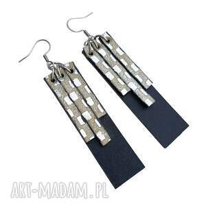 kolczyki skórzane długie wiszące szerokie czarne ze srebrnymi paskami