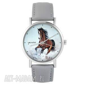 zegarek - koń brązowy szary, skórzany, zegarek, pasek, koń, unisex
