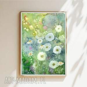 Oryginalna akwarela A4. Dmuchawce, łąka, trawy