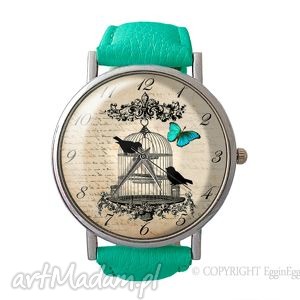 ręcznie robione zegarki ptaki w klatce - skórzany zegarek z dużą