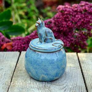 cukiernica z kotem ok 300 ml - niebieska ceramika na prezent, figurka kota