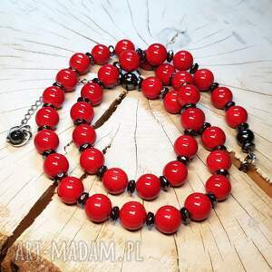 Czerwone korale z jadeitu 10 mm, hematytem i srebrem 925 - wire wrapping - ręcznie robione