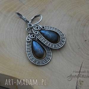 kolczyki labradoryt, wire wrapping, stal chirurgiczna