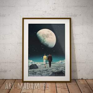 plakat razem 50x70cm, para zakochanych, księżyc dla pary, miłosny kolaż