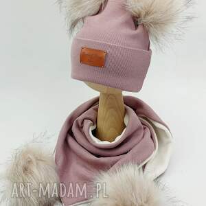 czapka z chustą zima wrzosowy, bawełna, pompon prążek