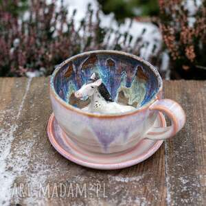 handmade ceramika filiżanka z koniem | różowy siwek | filiżanka do kawy | kamionka | ok