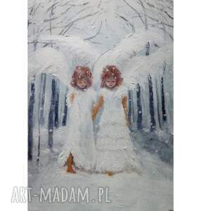 unikalny, pierwszy śnieg, anioł, aniołek, pejzaż, zima, obraz ręcznie malowany
