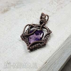 unikalny, wisiorki jaspis serce m275 wire wrapping, rękodzieło miedź