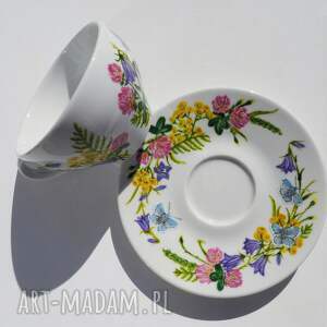 kalinea ręcznie malowany zestaw filiżanka ze spodkiem łąka, elegancki prezent